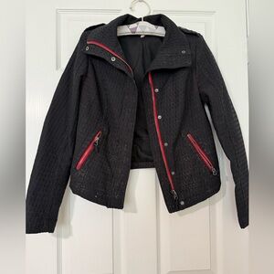 Free People Black and Red Bomber Jacket with High-Neck Collar